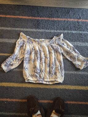 Socialite Cream Off-Shoulder Floral Blouse with Blue Print